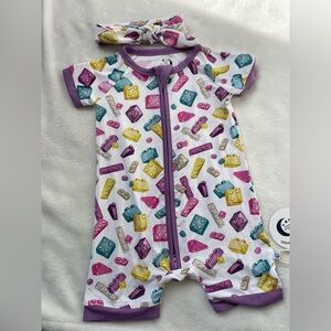 Big Dreams Little Jammies Bamboo Lego Blocks Shortie Romper & Matching Bow NWT